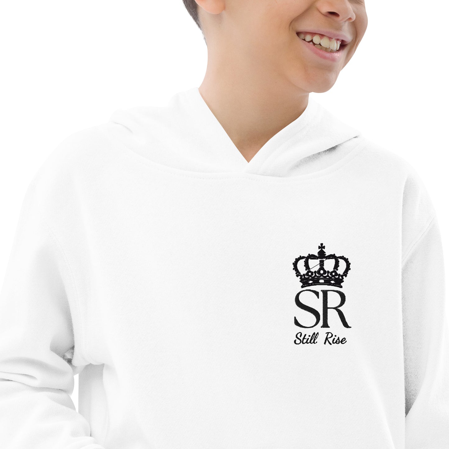 THSR Youth Pullover Hoodies with Left-Chest Logo – White Pullover Hoodies Featuring Black THSR "SR Still Rise" under a crown Design for Kids