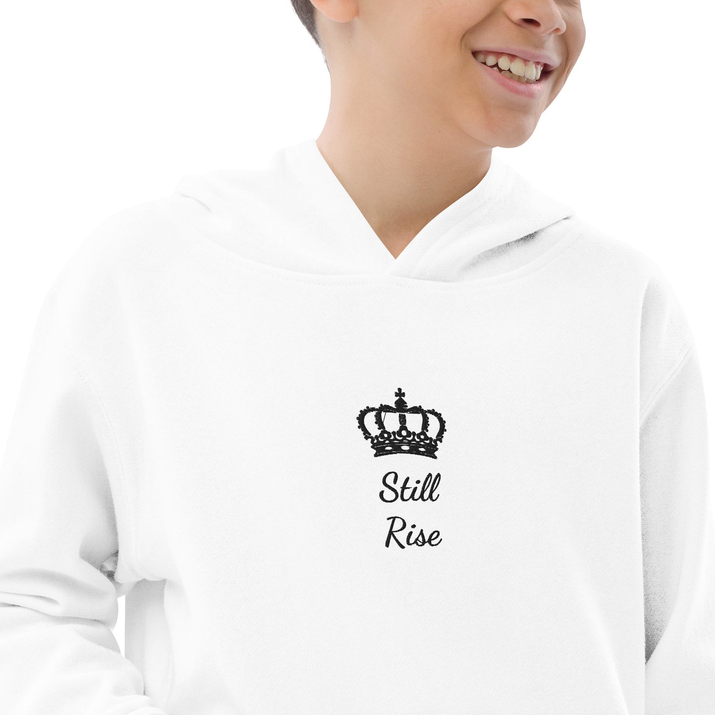 THSR Youth Pullover Hoodies with Center-Chest Logo – White Pullover Hoodies Featuring Black THSR "Still Rise" under a crown Design for Kids