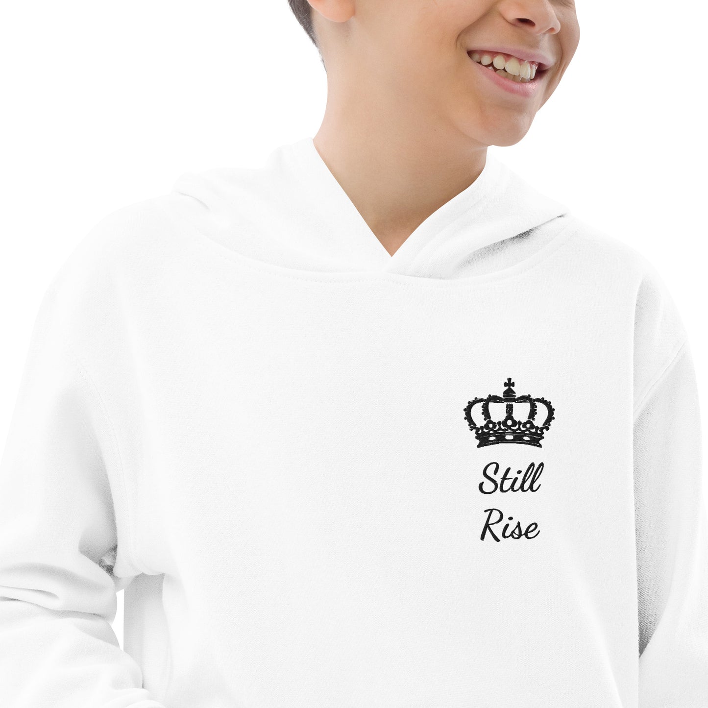 THSR Youth Pullover Hoodies with Left-Chest Logo – White Pullover Hoodies Featuring Black THSR "Still Rise" under a crown Design for Kids