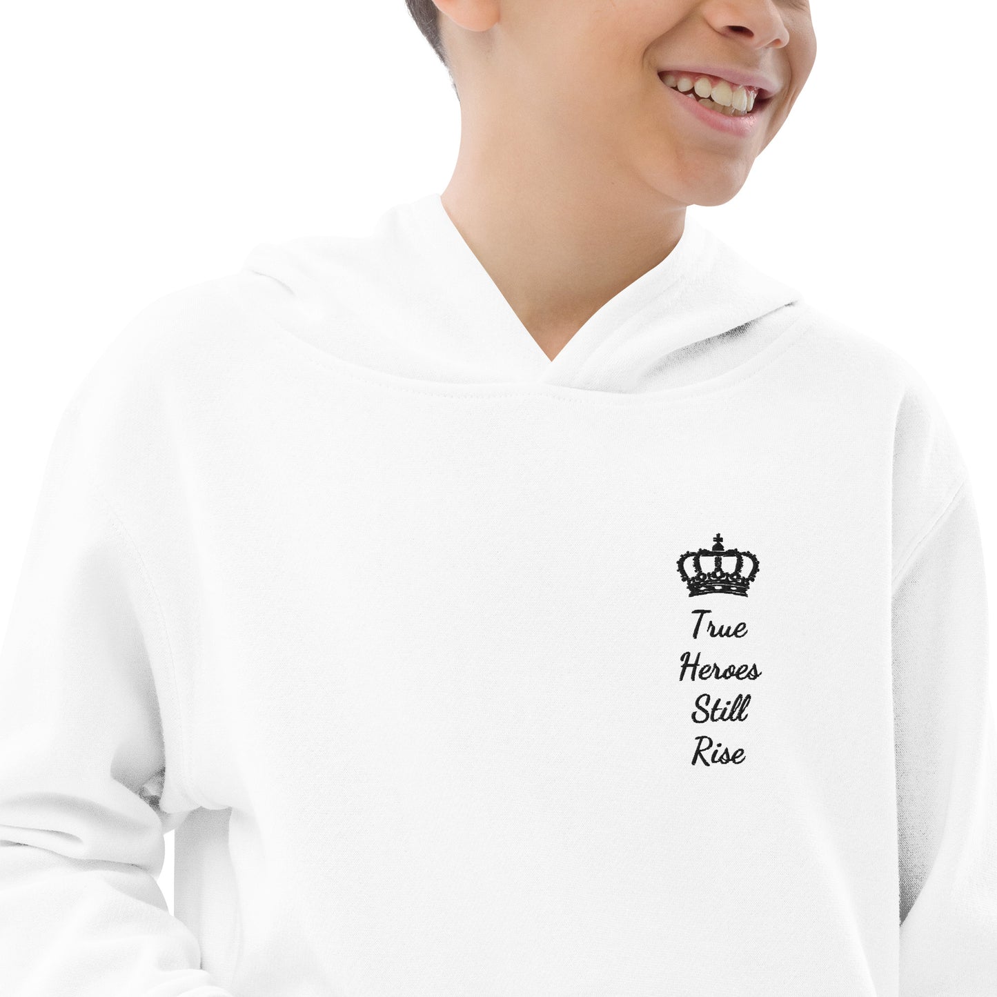 THSR Youth Pullover Hoodies with Left-Chest Logo – White Pullover Hoodies Featuring Black "True Heroes Still Rise" under a crown Design for Kids