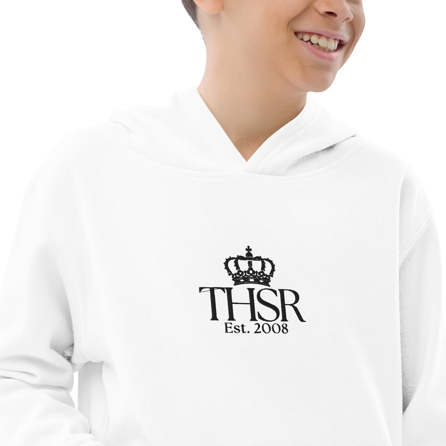 THSR Youth Pullover Hoodies with Center-Chest Logo – White Pullover Hoodies Featuring Black "THSR Est. 2008" under a crown Design for Kids