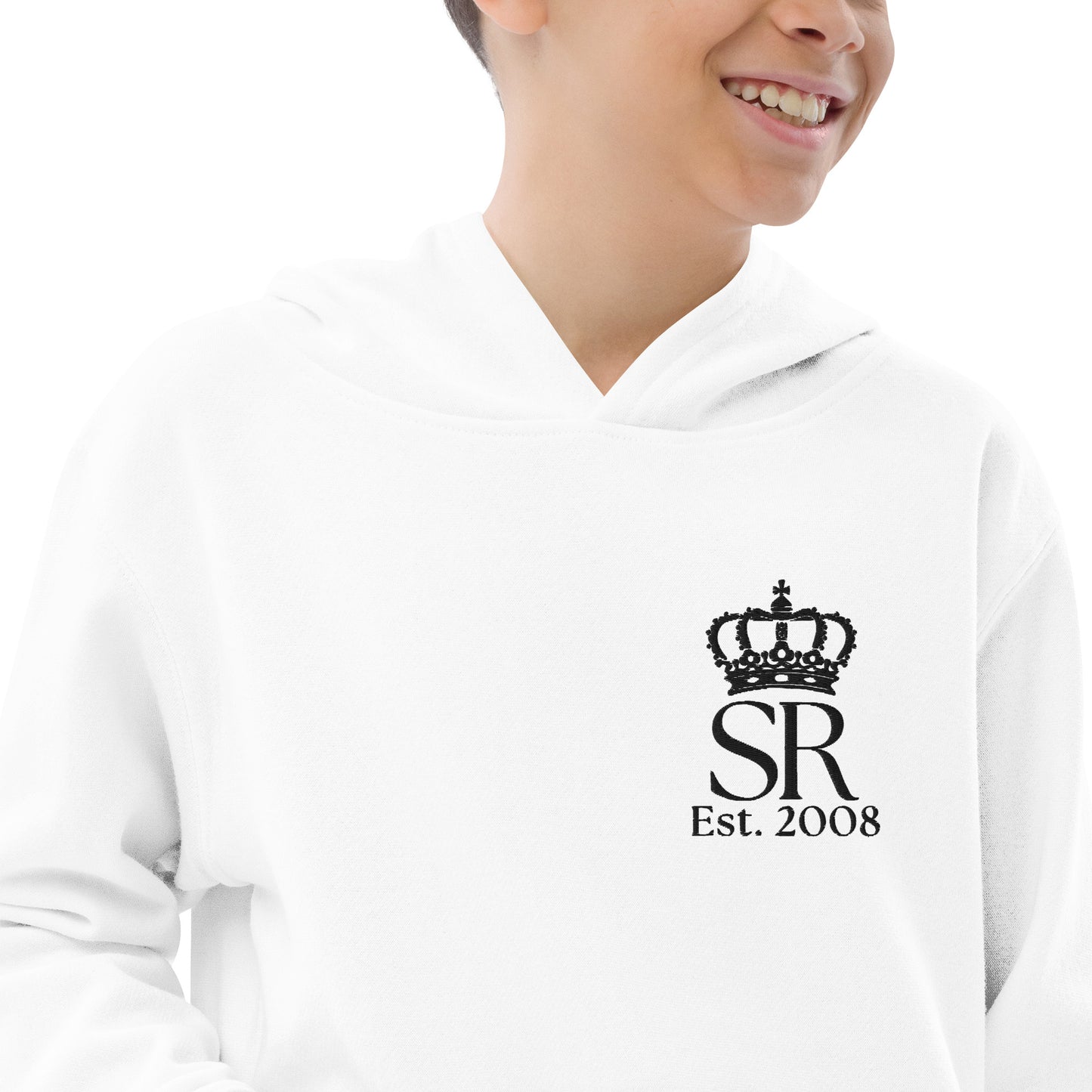 THSR Youth Pullover Hoodies with Left-Chest Logo – White Pullover Hoodies Featuring Black "SR Est. 2008" under a crown Design for Kids