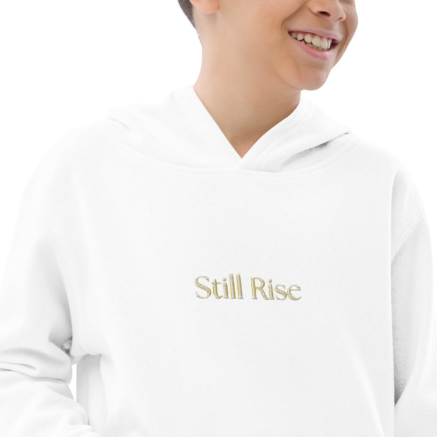 THSR Youth Pullover Hoodies with Center-Chest Logo – Black or White Pullover Hoodies Featuring Bold Gold "Still Rise" Design for Kids