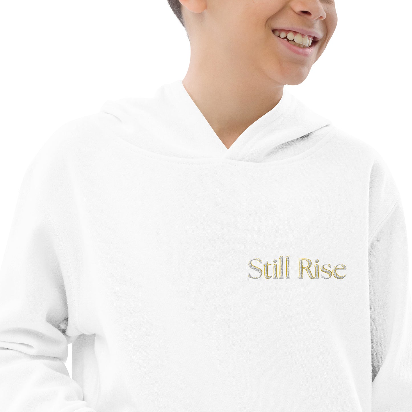 THSR Youth Pullover Hoodies with Left-Chest Logo – Black or White Pullover Hoodies Featuring Bold Gold "Still Rise" Design for Kids