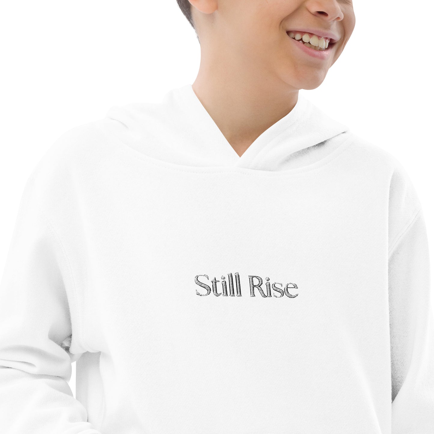 THSR Youth Pullover Hoodies with Center-Chest Logo – White Pullover Hoodies Featuring Bold Black "Still Rise" Design for Kids