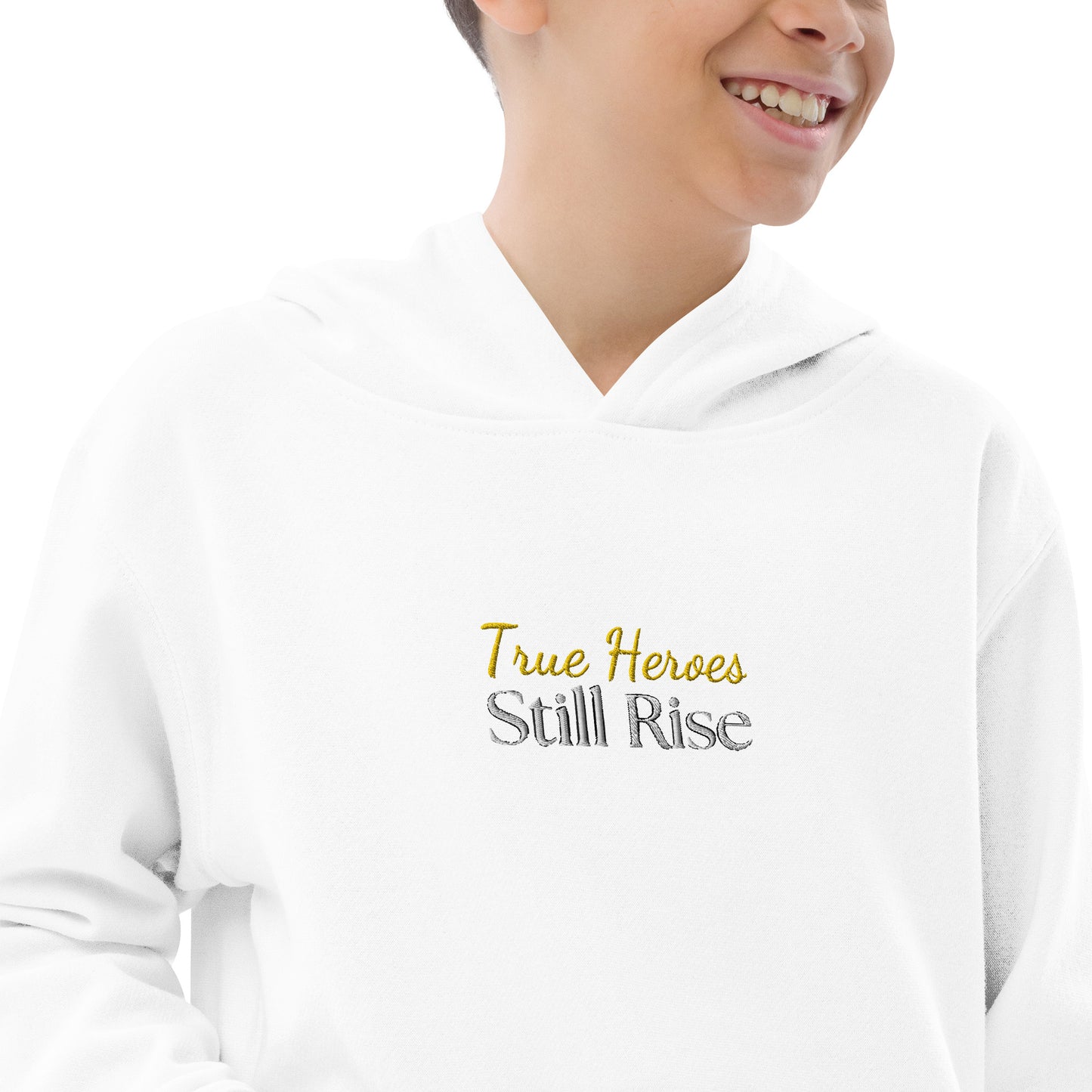 THSR Youth Pullover Hoodies with Center-Chest Logo – White Pullover Hoodies Featuring Bold Gold and Black "True Heroes Still Rise" Design for Kids