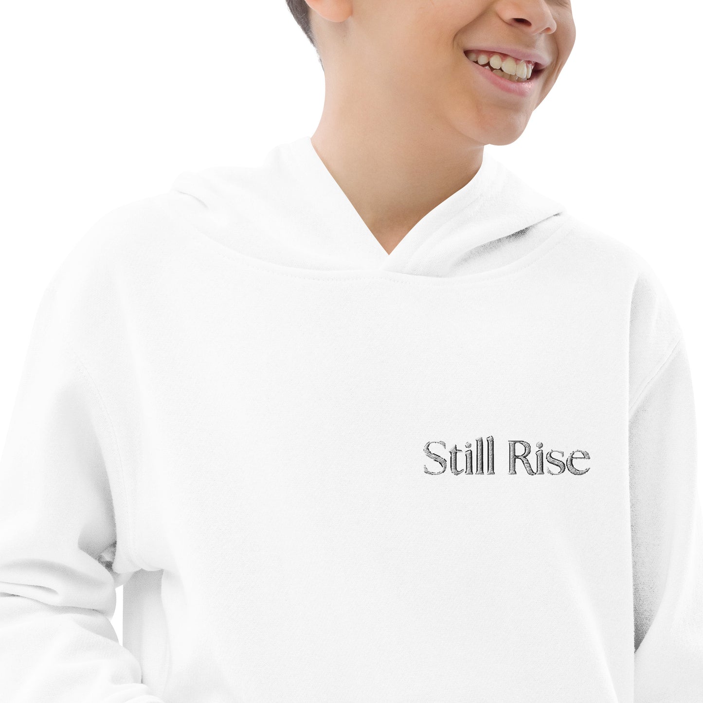 THSR Youth Pullover Hoodies with Left-Chest Logo – White Pullover Hoodies Featuring Bold Black "Still Rise" Design for Kids