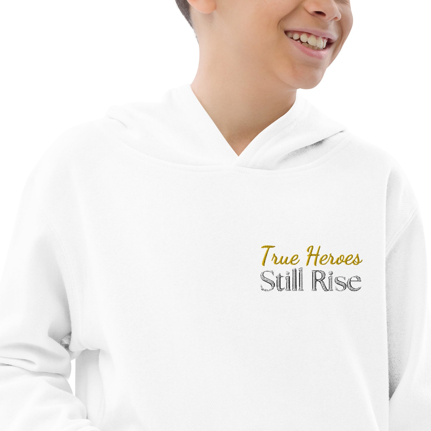 THSR Youth Pullover Hoodies with Left-Chest Logo – White Pullover Hoodies Featuring Bold Gold and Black "True Heroes Still Rise" Design for Kids