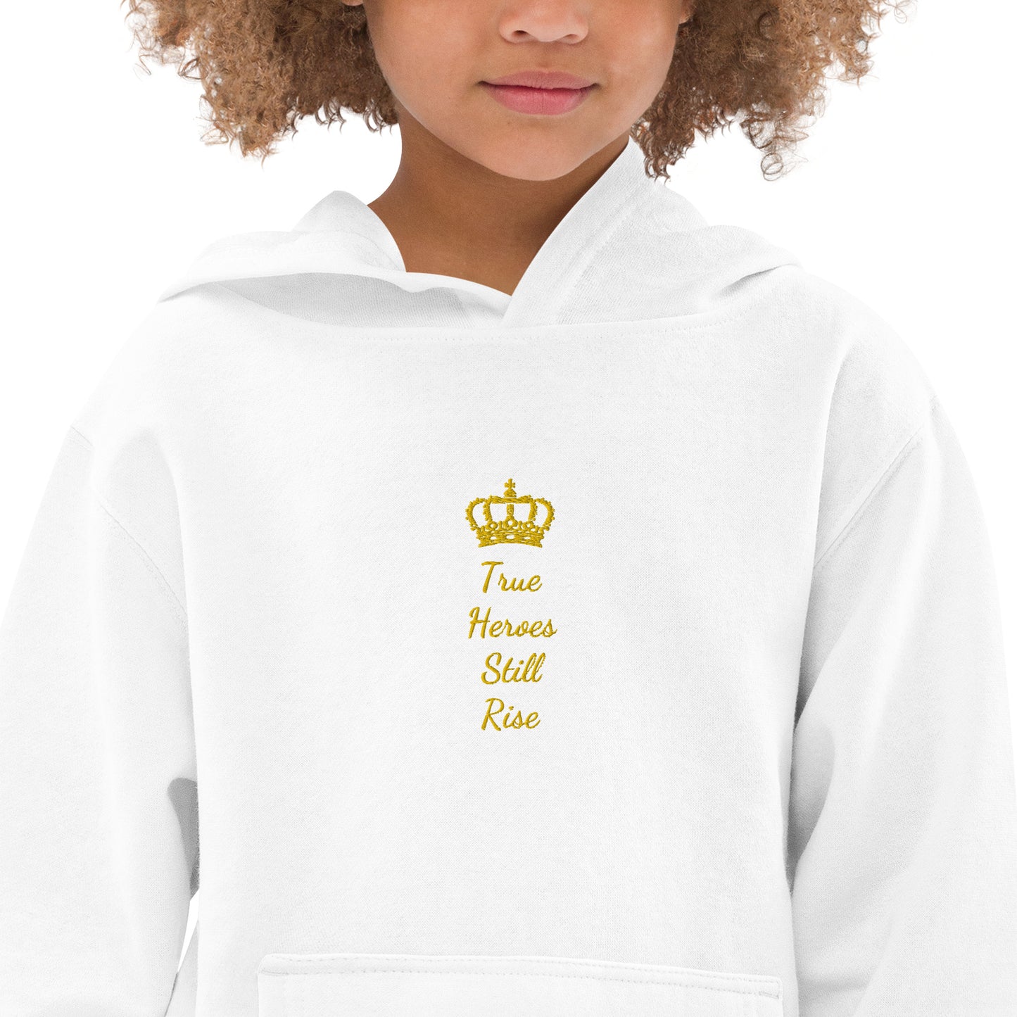 THSR Youth Pullover Hoodies with Center-Chest Logo – Black or White Pullover Hoodies Featuring Gold "True Heroes Still Rise" under a crown Design for Kids