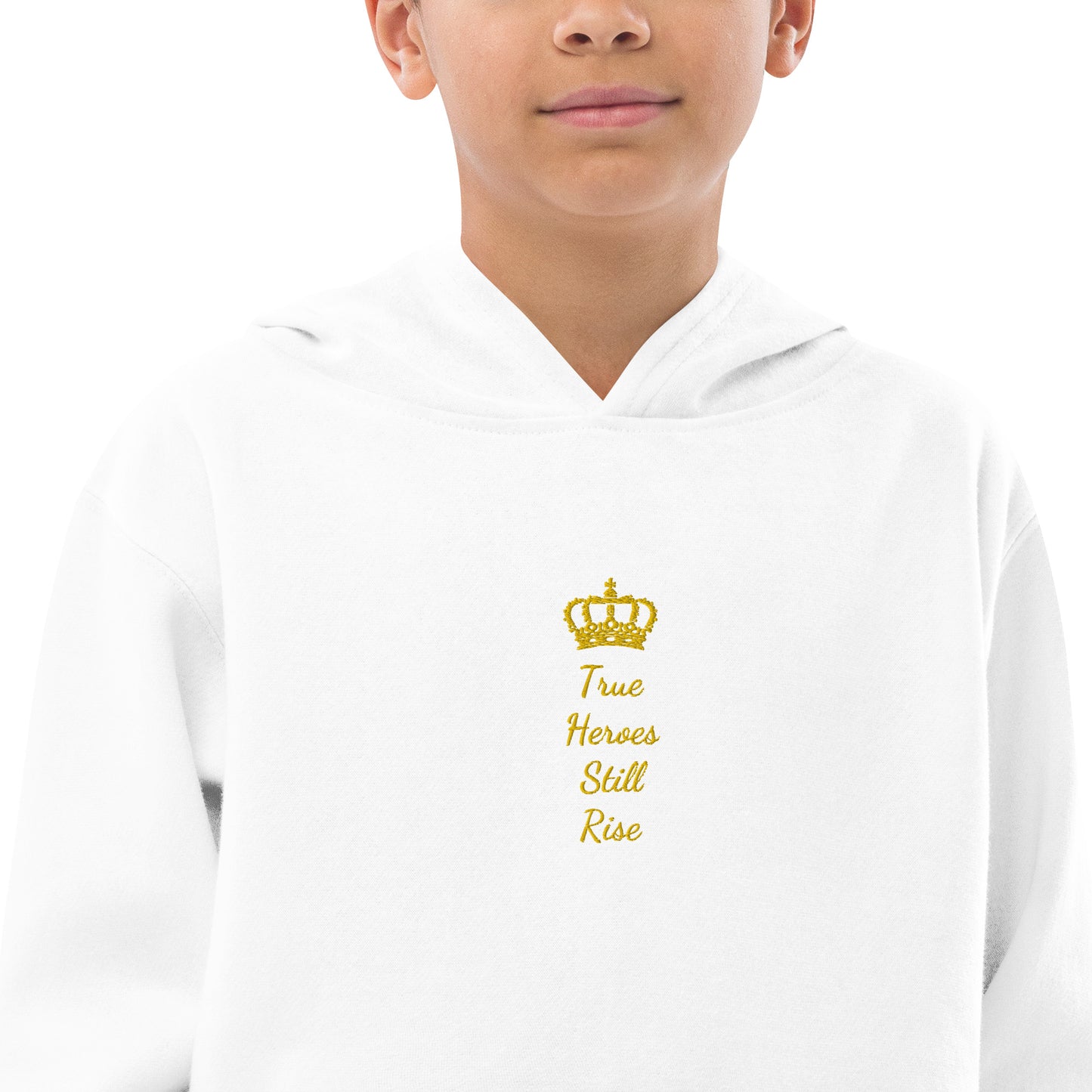 THSR Youth Pullover Hoodies with Center-Chest Logo – Black or White Pullover Hoodies Featuring Gold "True Heroes Still Rise" under a crown Design for Kids