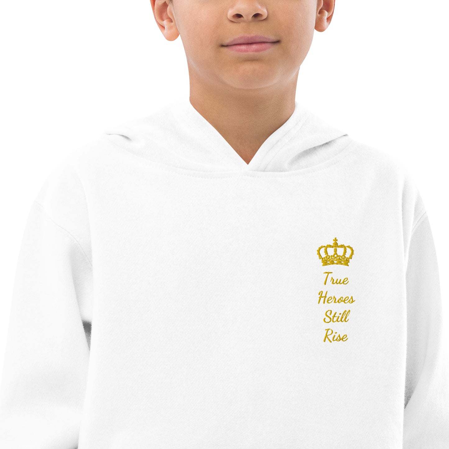 THSR Youth Pullover Hoodies with Left-Chest Logo –Black or White Pullover Hoodies Featuring Gold "True Heroes Still Rise" under a crown Design for Kids