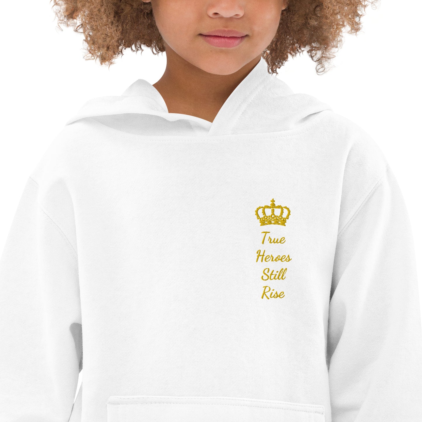 THSR Youth Pullover Hoodies with Left-Chest Logo –Black or White Pullover Hoodies Featuring Gold "True Heroes Still Rise" under a crown Design for Kids