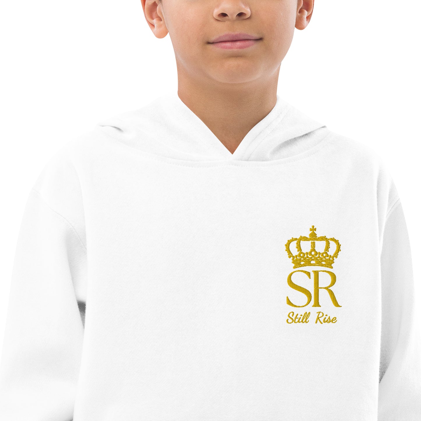 THSR Youth Pullover Hoodies with Left-Chest Logo – Black or White Pullover Hoodies Featuring Gold THSR "SR Still Rise" under a crown Design for Kids