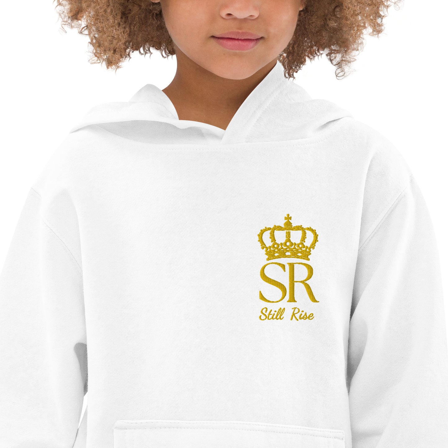 THSR Youth Pullover Hoodies with Left-Chest Logo – Black or White Pullover Hoodies Featuring Gold THSR "SR Still Rise" under a crown Design for Kids