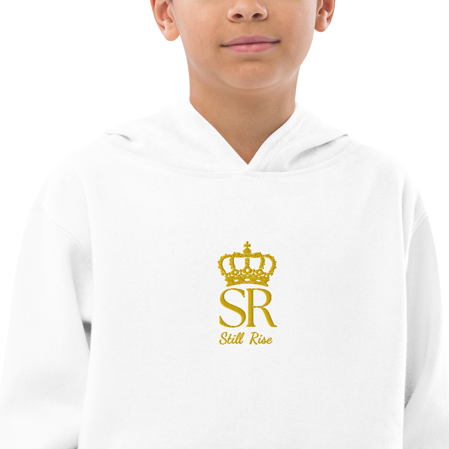 THSR Youth Pullover Hoodies with Center-Chest Logo – Black or White Pullover Hoodies Featuring Gold THSR "SR Still Rise" under a crown Design for Kids