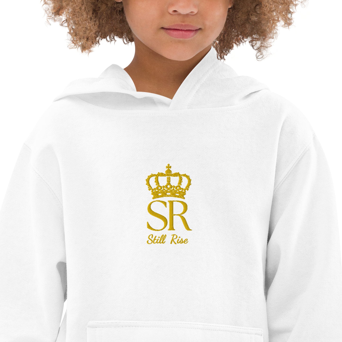 THSR Youth Pullover Hoodies with Center-Chest Logo – Black or White Pullover Hoodies Featuring Gold THSR "SR Still Rise" under a crown Design for Kids