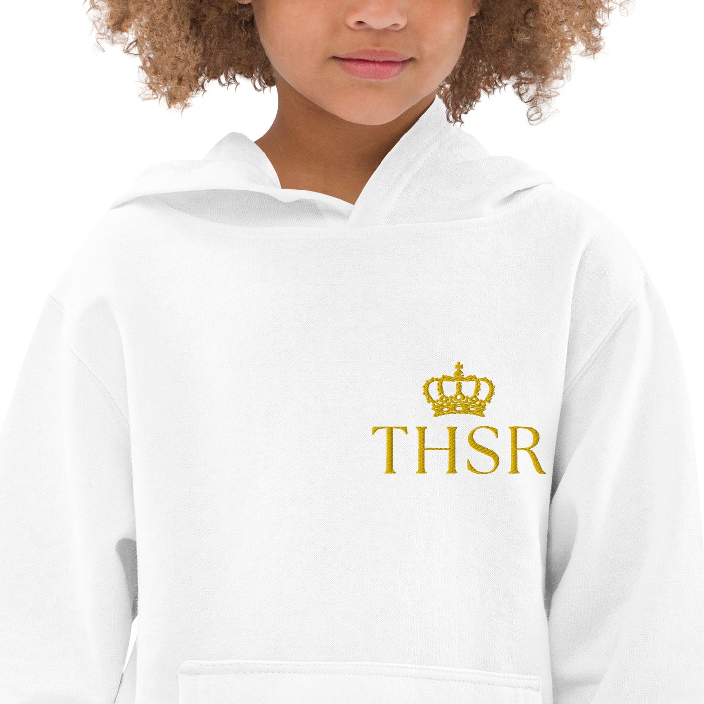 THSR Youth Pullover Hoodies with Left-Chest Logo – Black or White Pullover Hoodies Featuring Gold "THSR" under a crown Design for Kids