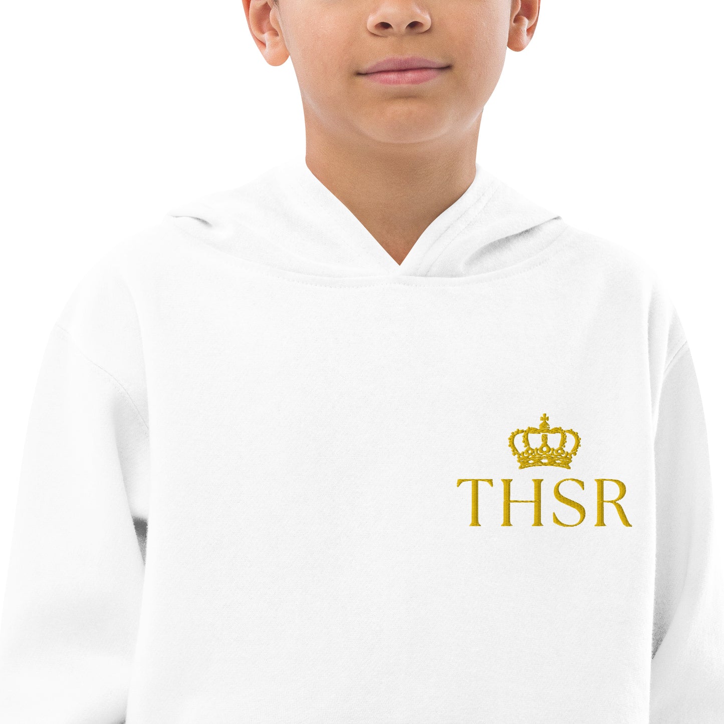 THSR Youth Pullover Hoodies with Left-Chest Logo – Black or White Pullover Hoodies Featuring Gold "THSR" under a crown Design for Kids