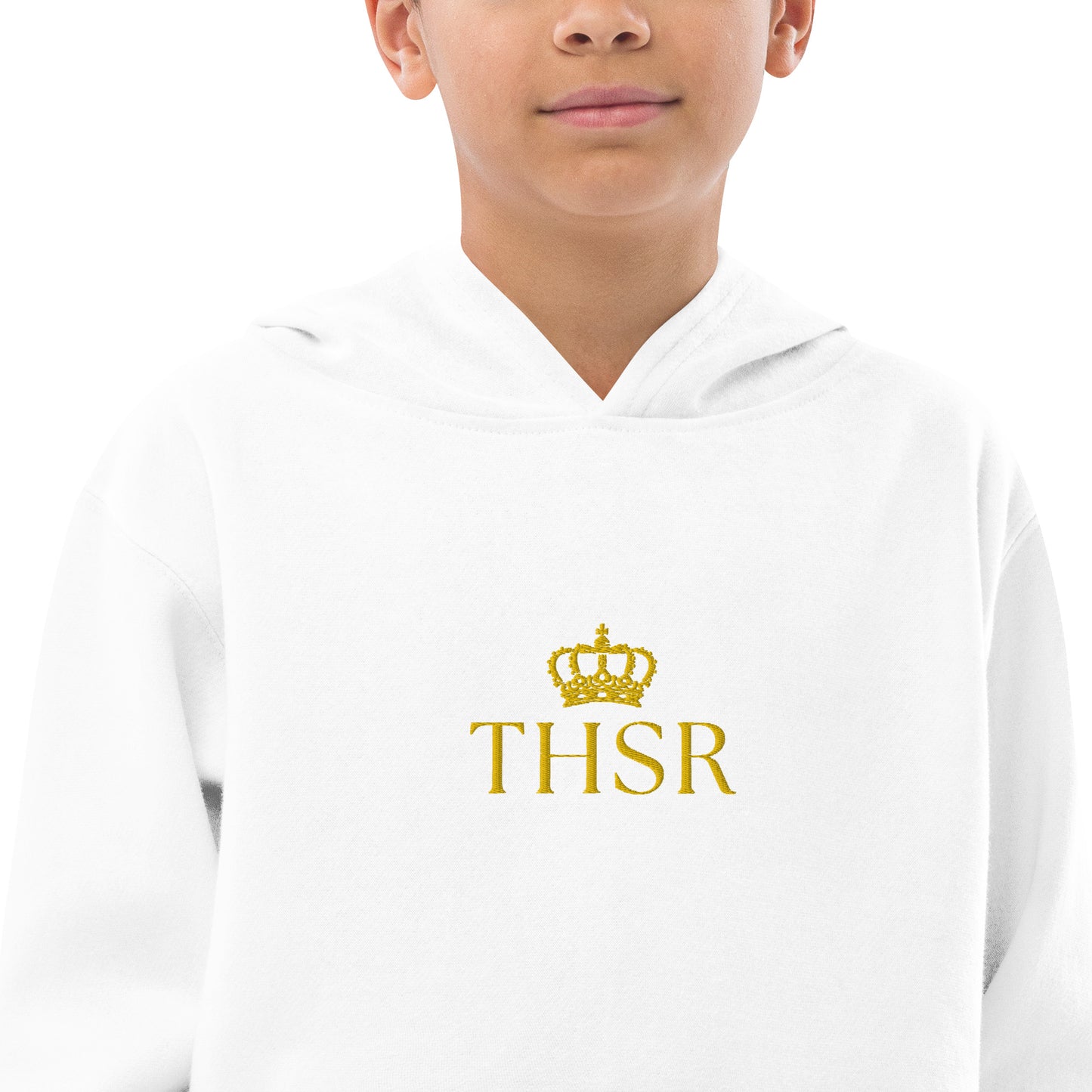 THSR Youth Pullover Hoodies with Center-Chest Logo – Black or White Pullover Hoodies Featuring Gold "THSR" under a crown Design for Kids