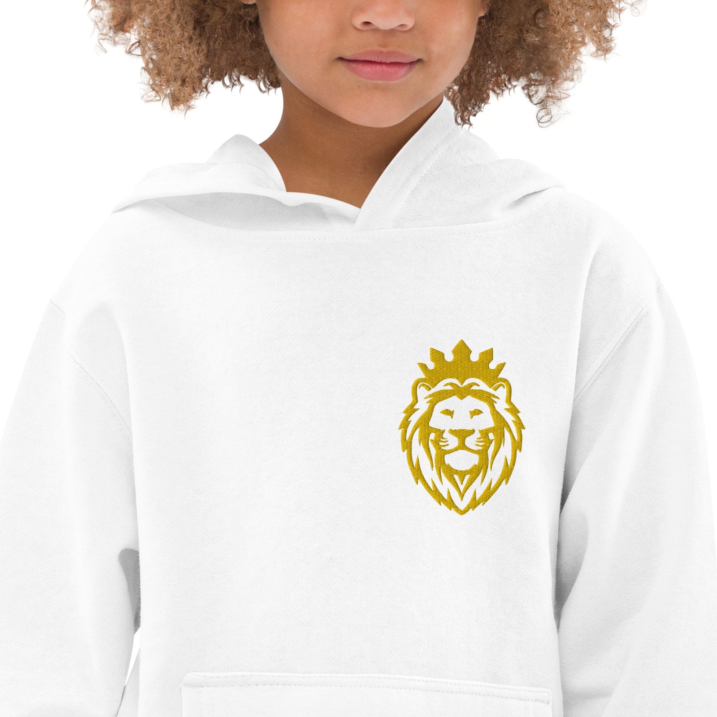 THSR Youth Pullover Hoodies with Left-Chest Logo – Black or White Pullover Hoodies Featuring Gold THSR KING Lion wearing a crown Design for Kids