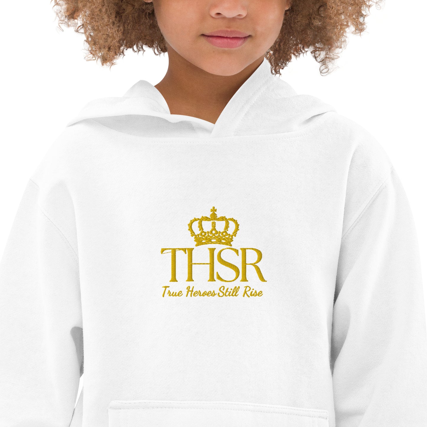 THSR Youth Pullover Hoodies with Center-Chest Logo – Black or White Pullover Hoodies Featuring Gold "THSR True Heroes Still Rise" under a crown Design for Kids