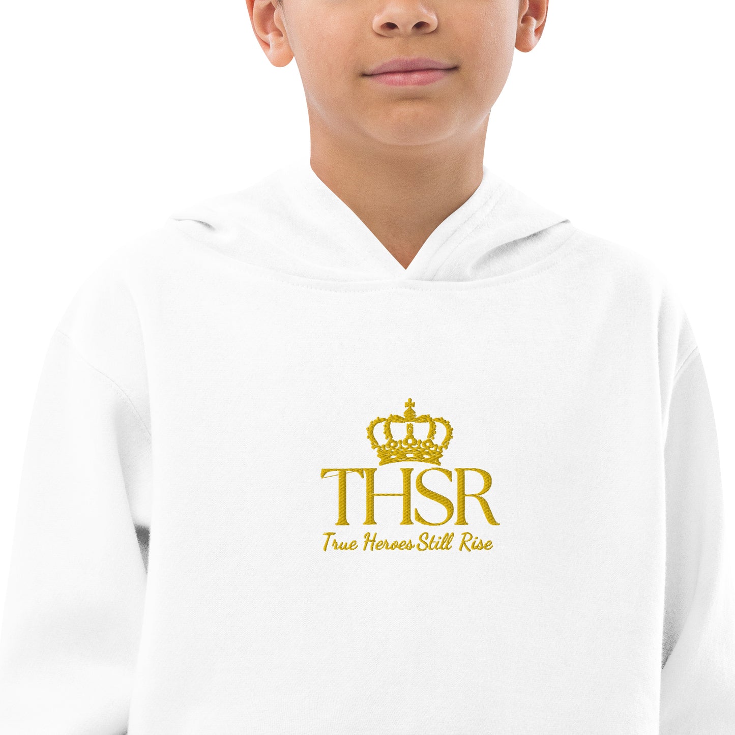 THSR Youth Pullover Hoodies with Center-Chest Logo – Black or White Pullover Hoodies Featuring Gold "THSR True Heroes Still Rise" under a crown Design for Kids