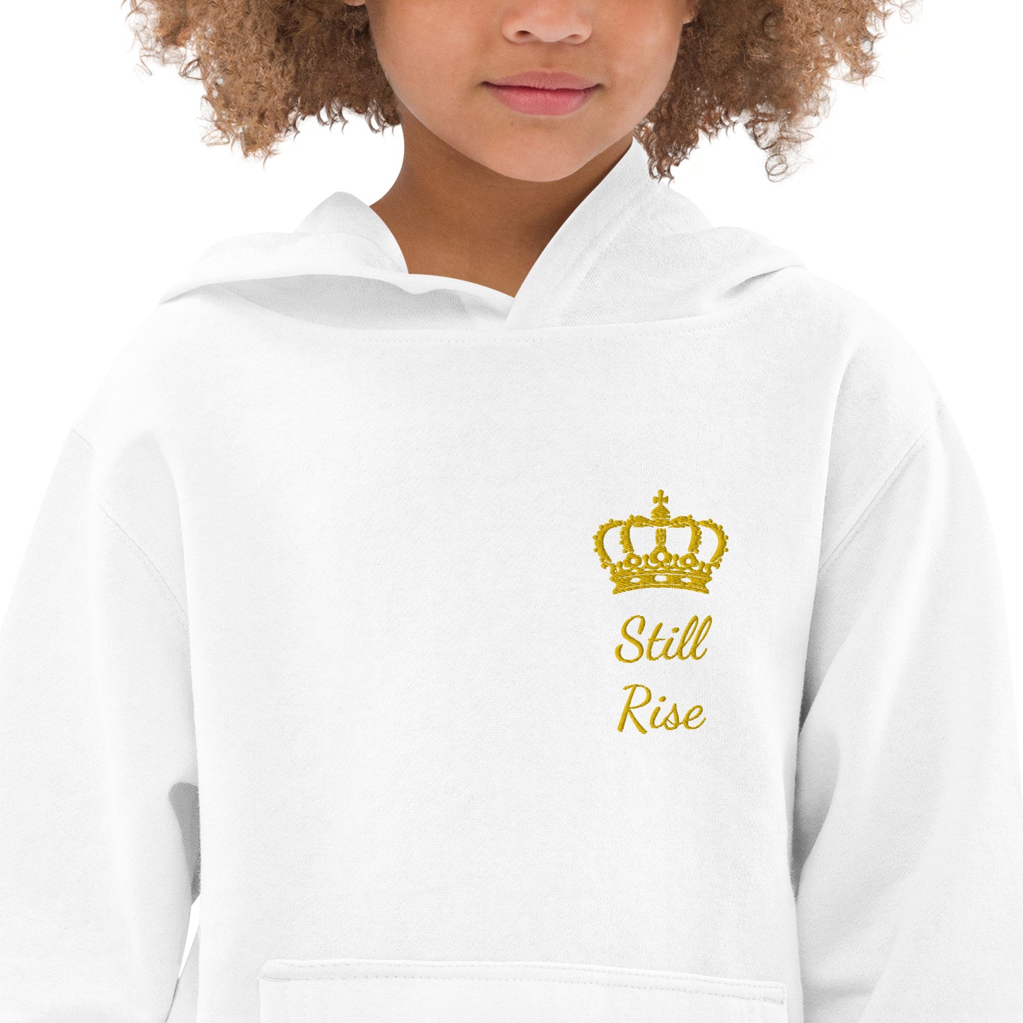 THSR Youth Pullover Hoodies with Left-Chest Logo – Black or White Pullover Hoodies Featuring Gold THSR "Still Rise" under a crown Design for Kids