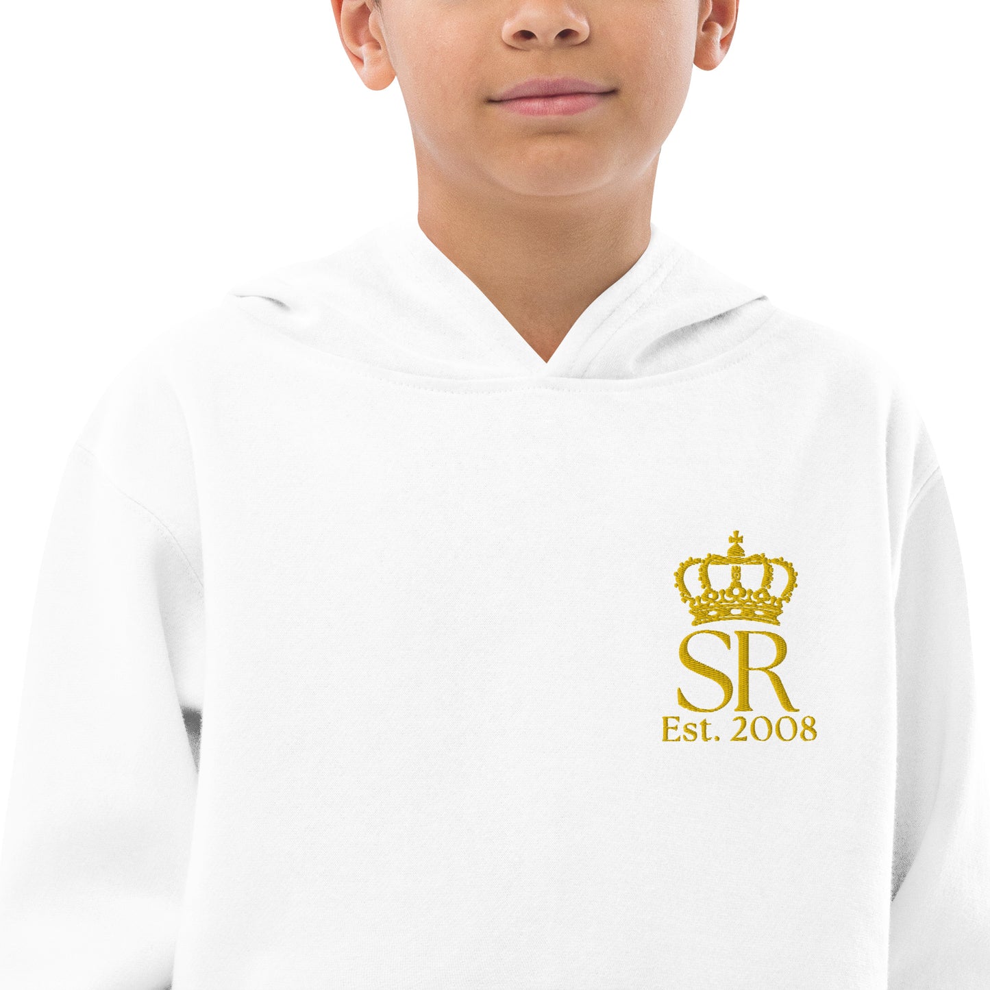 THSR Youth Pullover Hoodies with Left-Chest Logo – Black or White Pullover Hoodies Featuring Gold "SR Est. 2008" under a crown Design for Kids