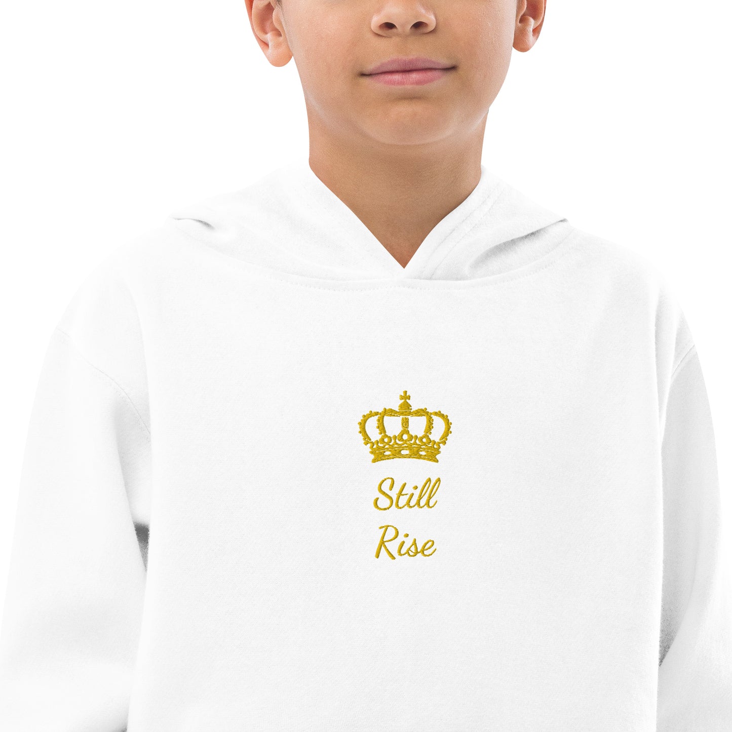 THSR Youth Pullover Hoodies with Center-Chest Logo – Black or White Pullover Hoodies Featuring Gold THSR "Still Rise" under a crown Design for Kids