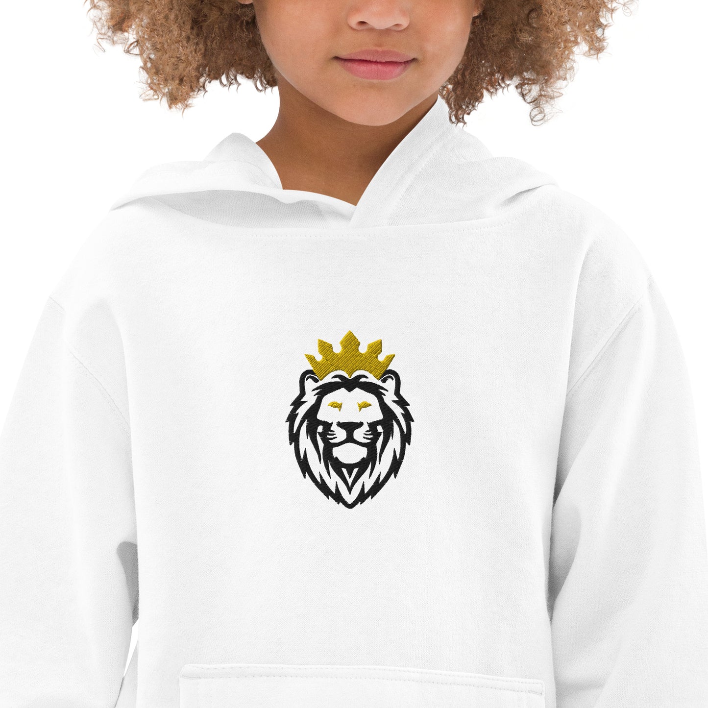 THSR Youth Pullover Hoodies with Center-Chest Logo – White Pullover Hoodies Featuring Black & Gold THSR KING Lion wearing a crown Design for Kids