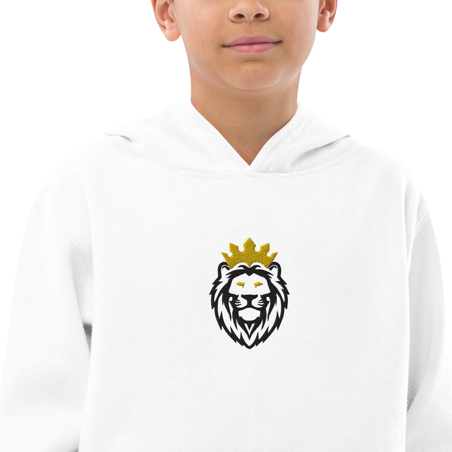 THSR Youth Pullover Hoodies with Center-Chest Logo – White Pullover Hoodies Featuring Black & Gold THSR KING Lion wearing a crown Design for Kids