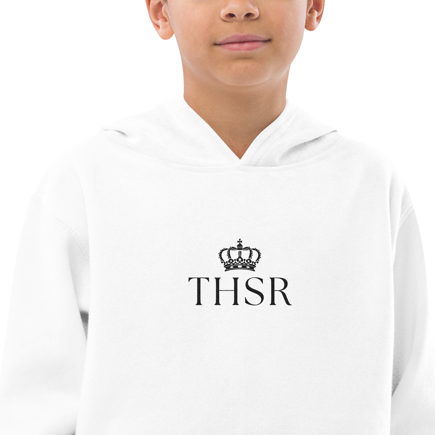 THSR Youth Pullover Hoodies with Center-Chest Logo – White Pullover Hoodies Featuring Black "THSR" under a crown Design for Kids