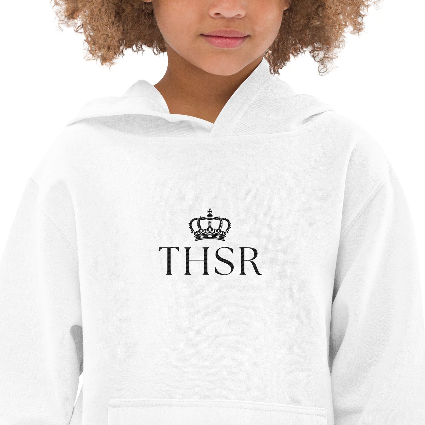 THSR Youth Pullover Hoodies with Center-Chest Logo – White Pullover Hoodies Featuring Black "THSR" under a crown Design for Kids