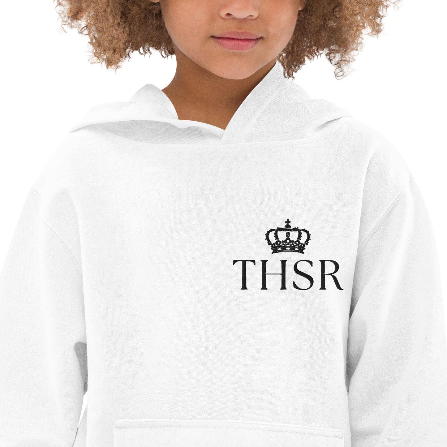 THSR Youth Pullover Hoodies with Left-Chest Logo – White Pullover Hoodies Featuring Black "THSR" under a crown Design for Kids