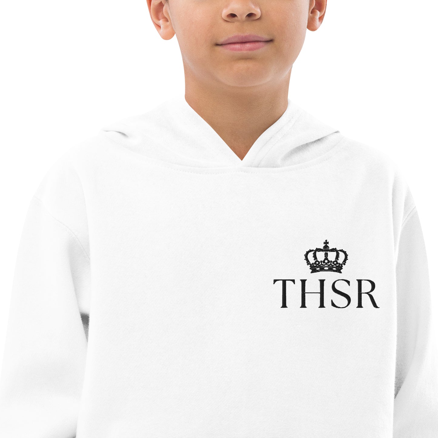 THSR Youth Pullover Hoodies with Left-Chest Logo – White Pullover Hoodies Featuring Black "THSR" under a crown Design for Kids