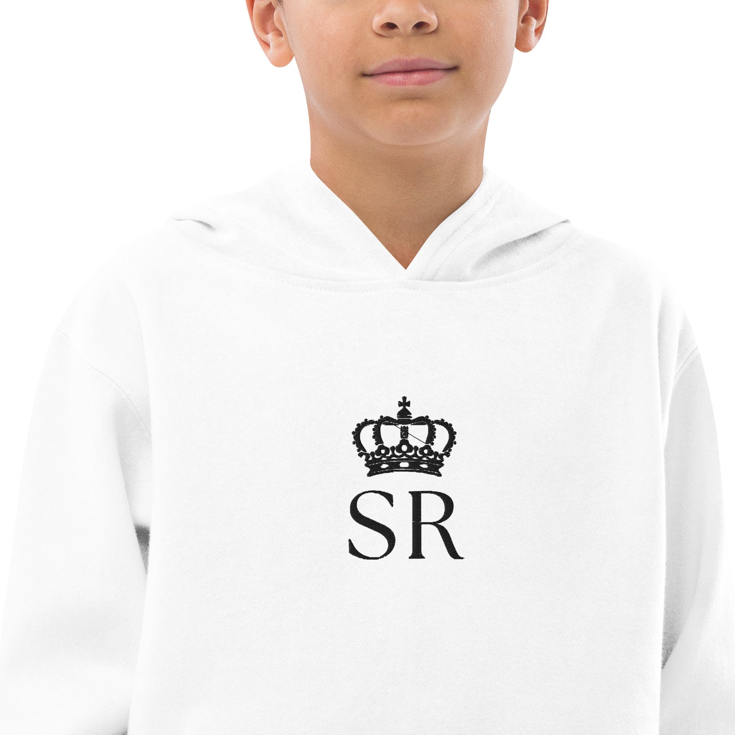 THSR Youth Pullover Hoodies with Center-Chest Logo – White Pullover Hoodies Featuring Black THSR "SR" under a crown Design for Kids