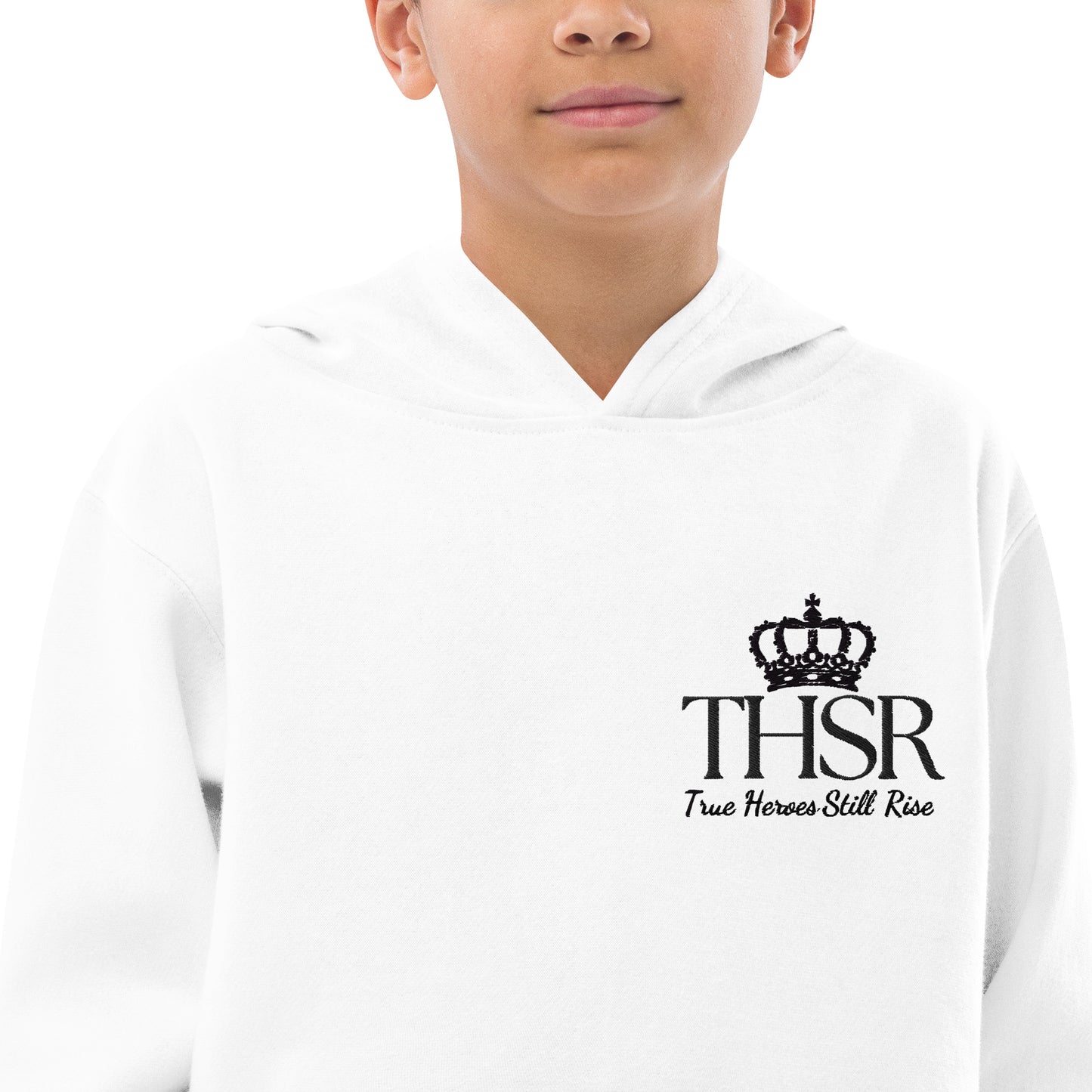 THSR Youth Pullover Hoodies with Left-Chest Logo – White Pullover Hoodies Featuring Black "THSR True Heroes Still Rise" under a crown Design for Kids