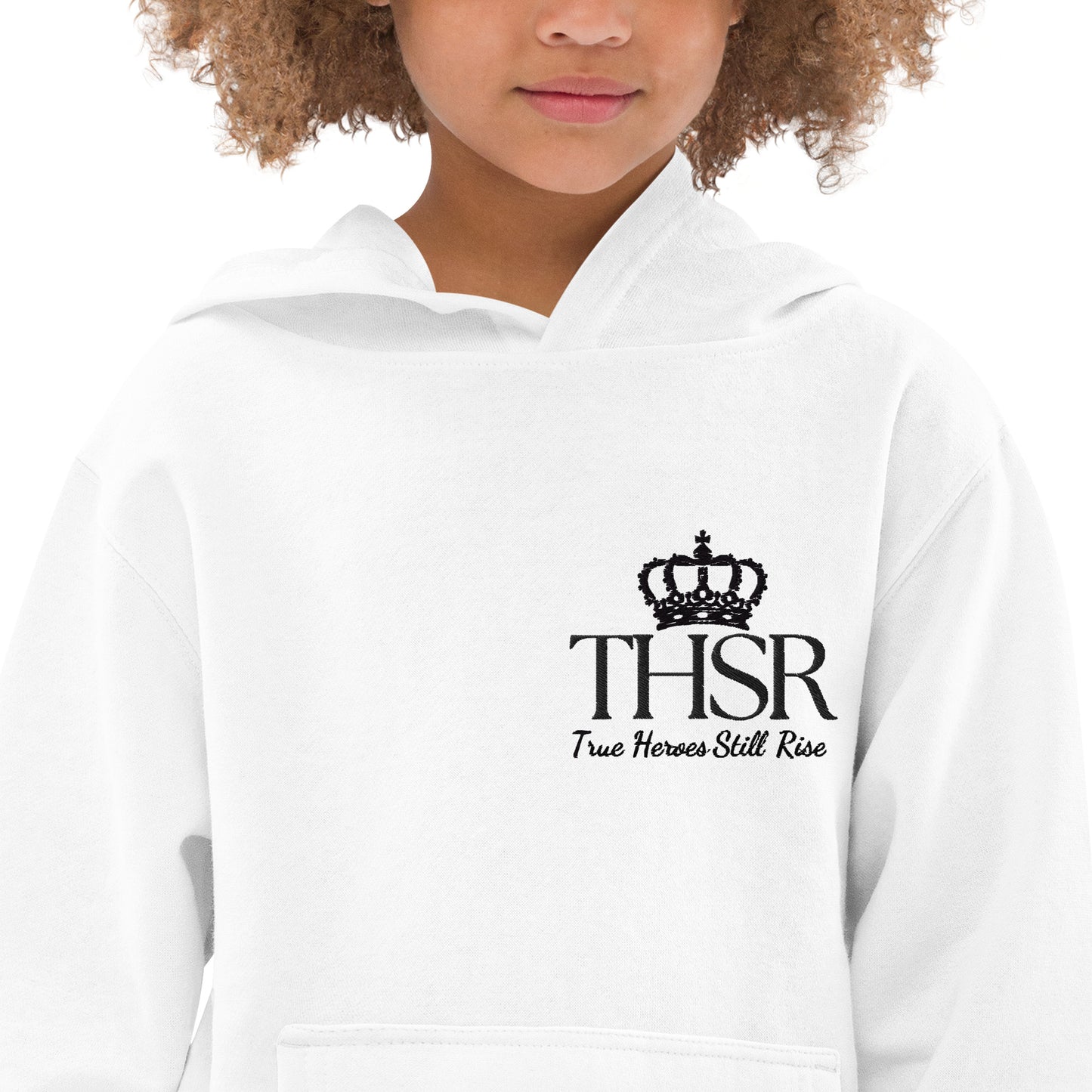 THSR Youth Pullover Hoodies with Left-Chest Logo – White Pullover Hoodies Featuring Black "THSR True Heroes Still Rise" under a crown Design for Kids