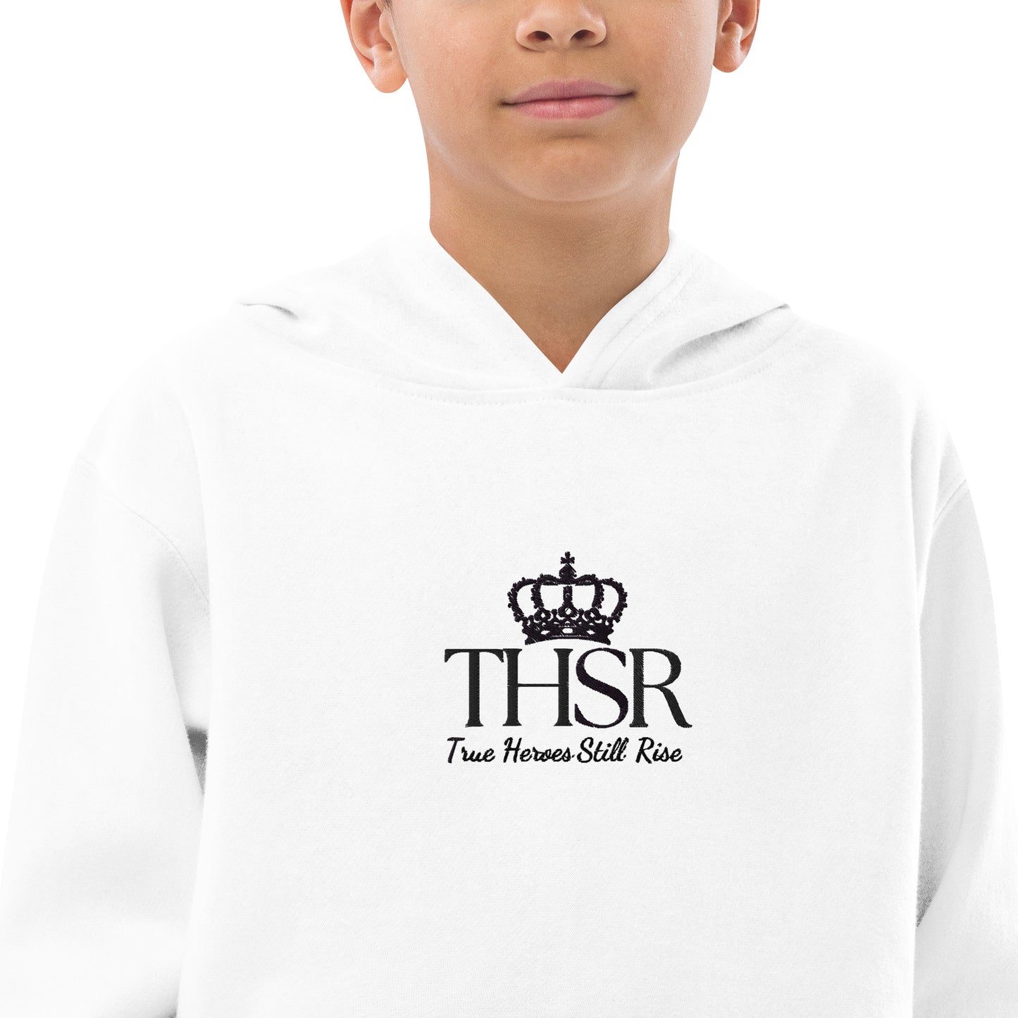 THSR Youth Pullover Hoodies with Center-Chest Logo – White Pullover Hoodies Featuring Black "THSR True Heroes Still Rise" under a crown Design for Kids