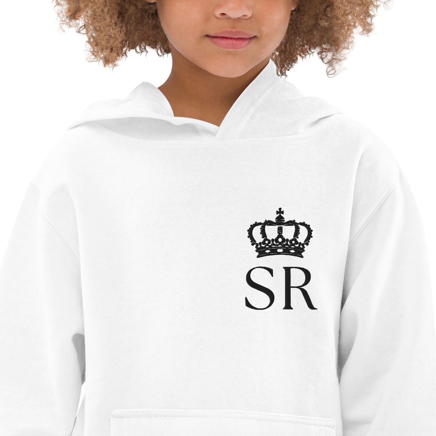 THSR Youth Pullover Hoodies with Left-Chest Logo – White Pullover Hoodies Featuring Black THSR "SR" under a crown Design for Kids