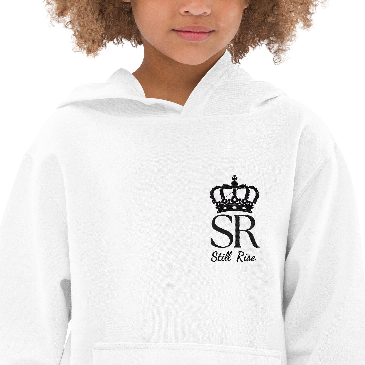 THSR Youth Pullover Hoodies with Left-Chest Logo – White Pullover Hoodies Featuring Black THSR "SR Still Rise" under a crown Design for Kids