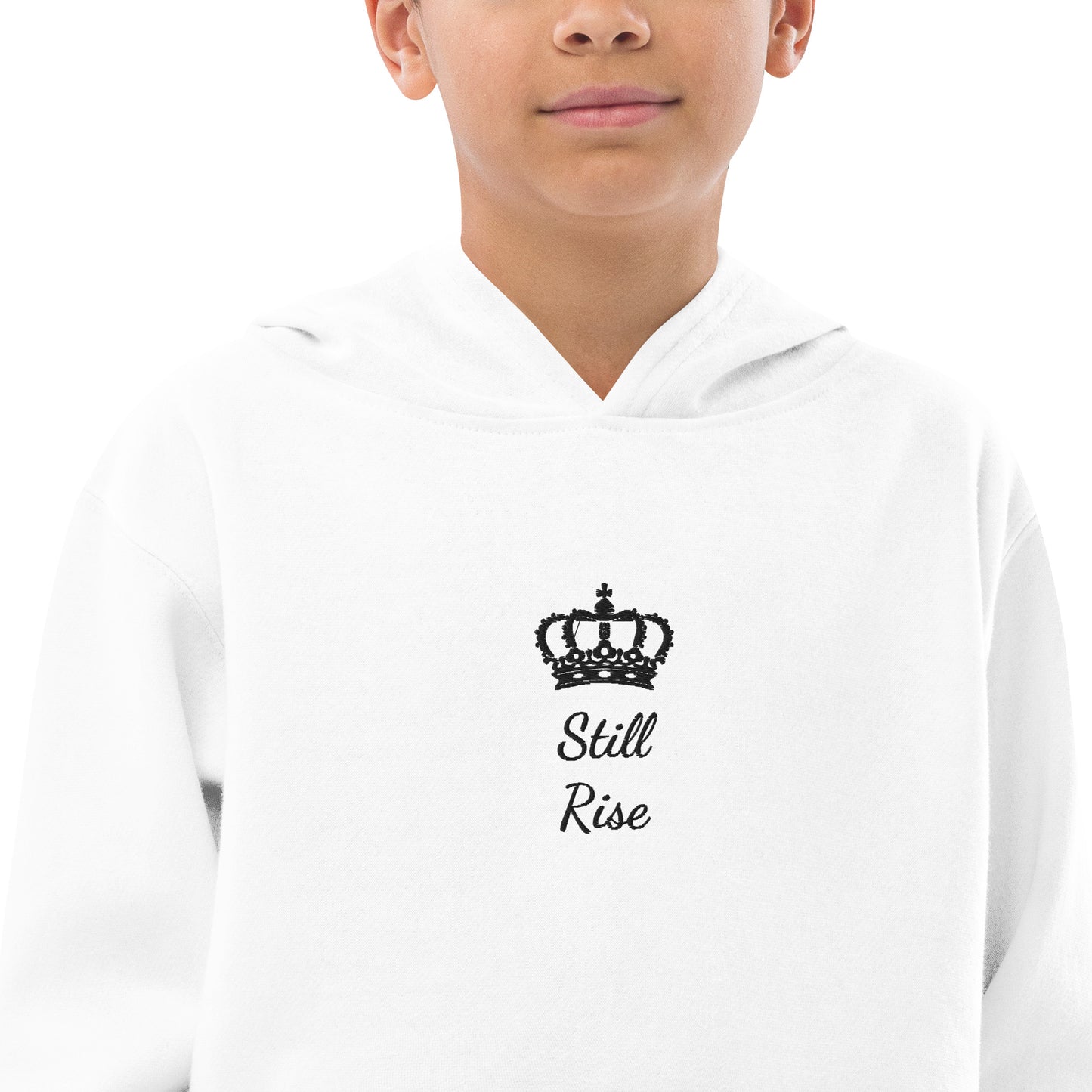 THSR Youth Pullover Hoodies with Center-Chest Logo – White Pullover Hoodies Featuring Black THSR "Still Rise" under a crown Design for Kids