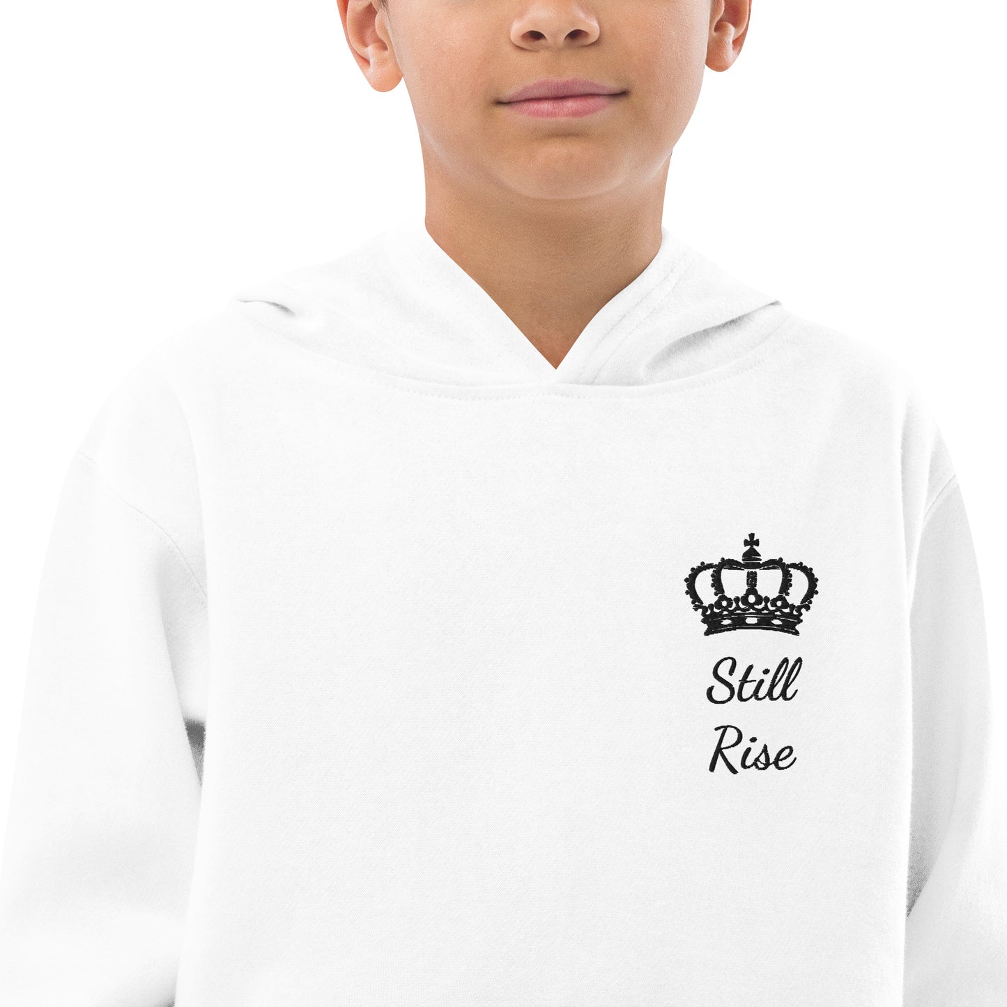 THSR Youth Pullover Hoodies with Left-Chest Logo – White Pullover Hoodies Featuring Black THSR "Still Rise" under a crown Design for Kids