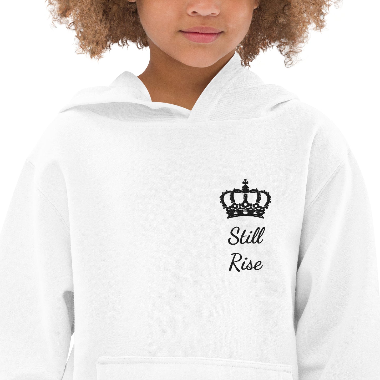 THSR Youth Pullover Hoodies with Left-Chest Logo – White Pullover Hoodies Featuring Black THSR "Still Rise" under a crown Design for Kids