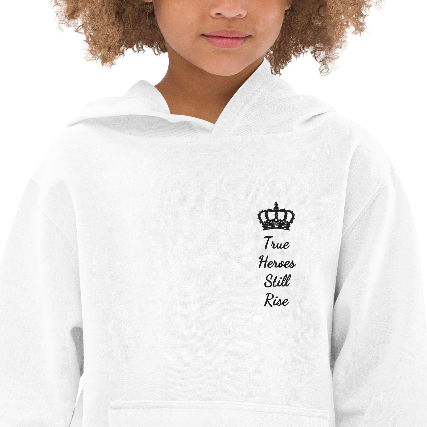 THSR Youth Pullover Hoodies with Left-Chest Logo – White Pullover Hoodies Featuring Black "True Heroes Still Rise" under a crown Design for Kids