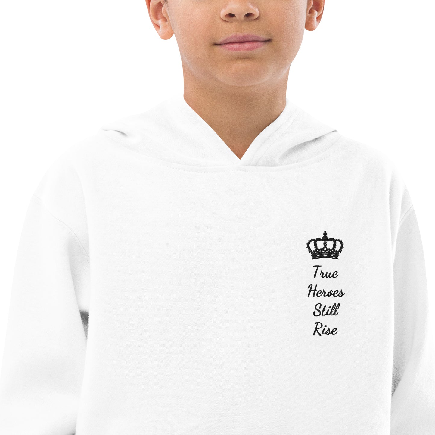 THSR Youth Pullover Hoodies with Left-Chest Logo – White Pullover Hoodies Featuring Black "True Heroes Still Rise" under a crown Design for Kids