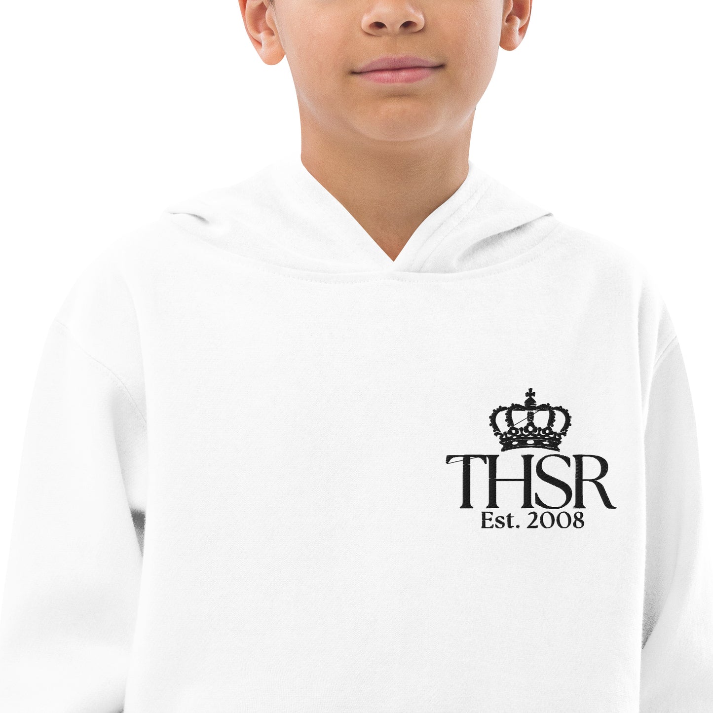 THSR Youth Pullover Hoodies with Left-Chest Logo – White Pullover Hoodies Featuring Black "THSR Est. 2008" under a crown Design for Kids