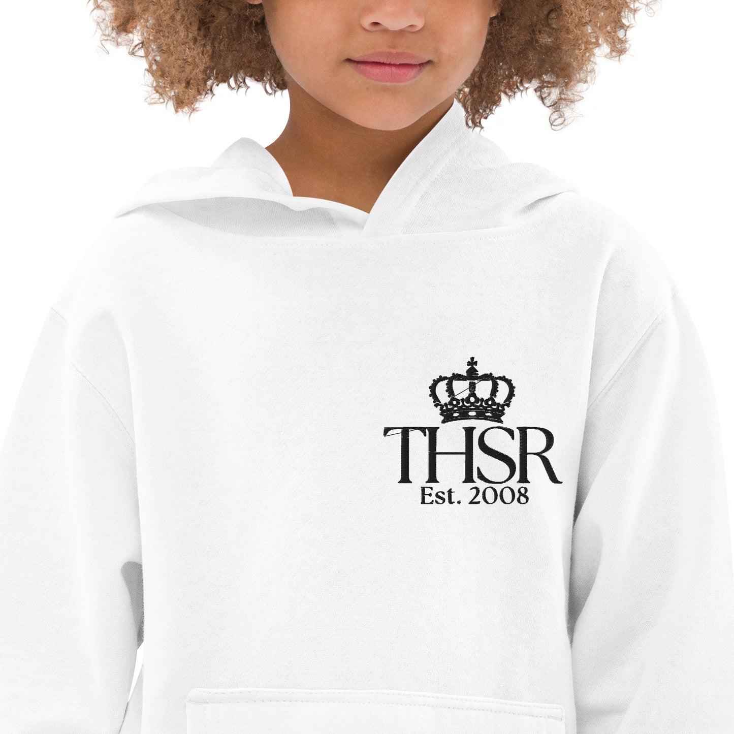 THSR Youth Pullover Hoodies with Left-Chest Logo – White Pullover Hoodies Featuring Black "THSR Est. 2008" under a crown Design for Kids