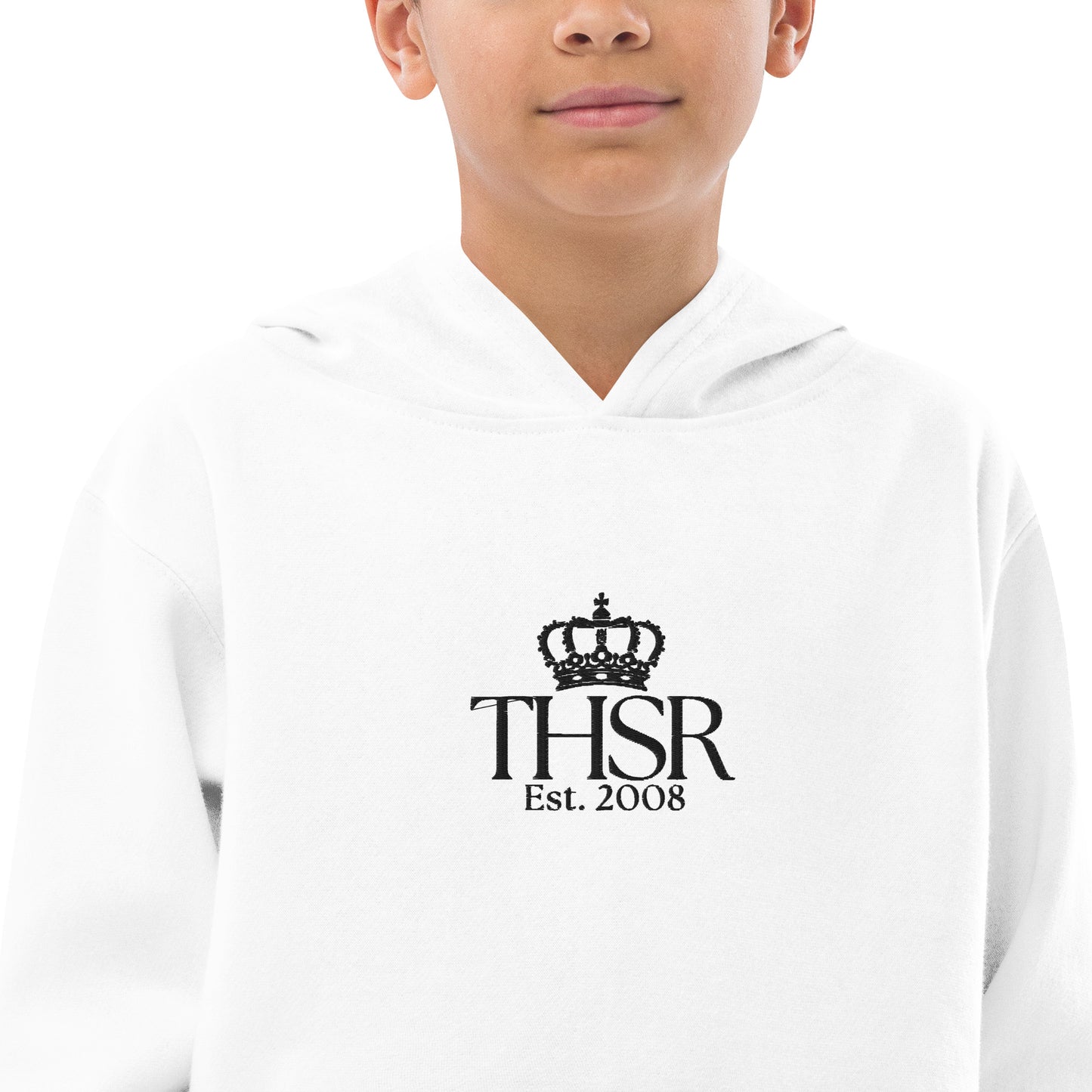 THSR Youth Pullover Hoodies with Center-Chest Logo – White Pullover Hoodies Featuring Black "THSR Est. 2008" under a crown Design for Kids