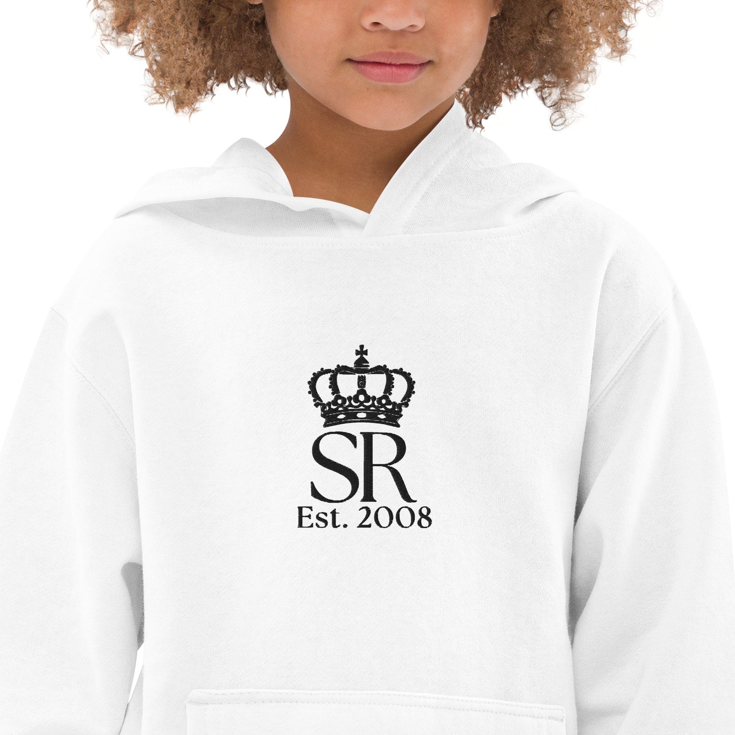 THSR Youth Pullover Hoodies with Center-Chest Logo – White Pullover Hoodies Featuring Black "SR Est. 2008" under a crown Design for Kids